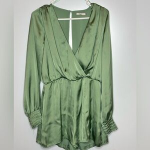 Long sleeve satin green plunging neckline peekaboo back zip up  closure romper